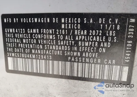 2019 Volkswagen Jetta 1.4T R-Line/1.4T S/1.4T Se z USA, uszkodzony, nr VIN 3VWC57BU4KM129413